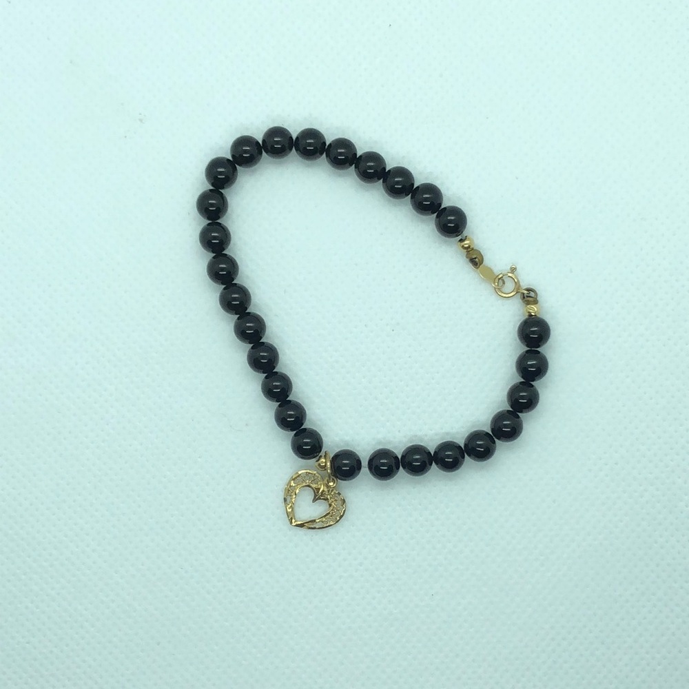 💛 14k Yellow Gold Onyx & Heart Charm Bracelet